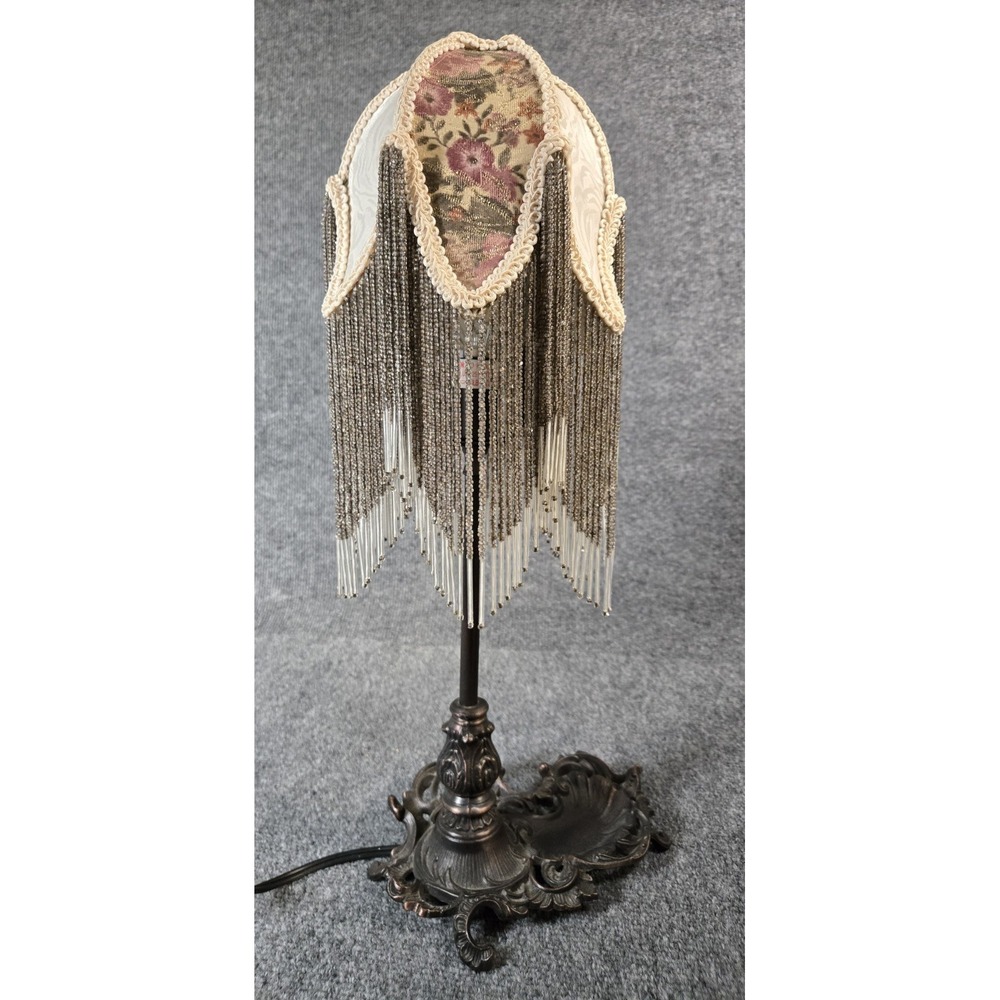 Ornate Beaded Fringe Table Lamp Floral Fabric Shade Victorian Style Made China